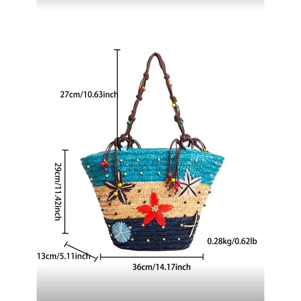 Woven Straw Starfish Beach Tote Bag Blue‎ Tan Navy Beaded Rope Handle Summer